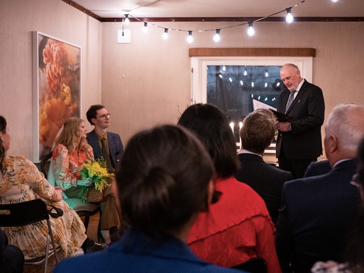 An indoor ceremony for a couple who wanted to get married in their own living room.