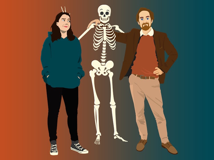 Stilisert bilde av programmledere Eivind og Siri sammen med et skjelett.