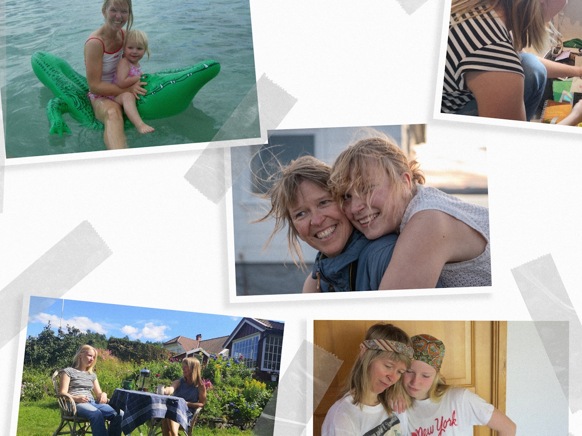 En kollasj av familiebilder med foreldre og barn.