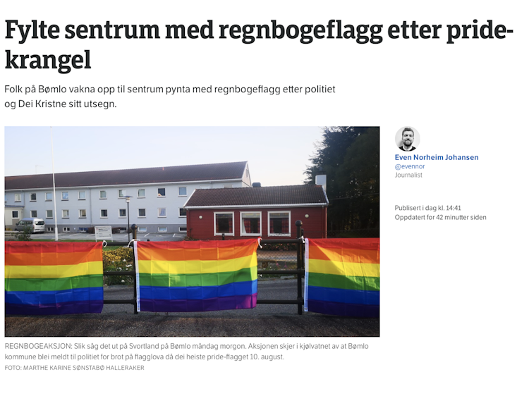 Skjermbilde av en sak på nrk.no der tittelen er "Fylte sentrum med regnbueflagg etter pride-krangel"