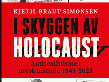 utsnitt av forsiden til boka "I skyggen av Holocaust". Rød bakgrunn, svart og hvit tekst.