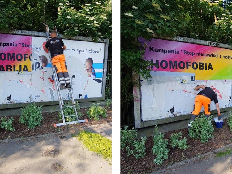 Billboard for kampanjen blir montert i Krakow.