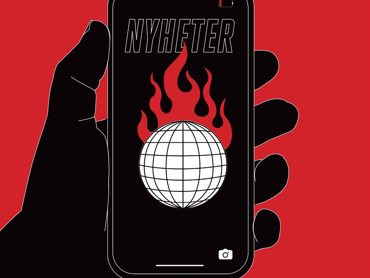 Illustrasjon av en hånd som holder en smarttelefon med bilde av en brennende jordklode.